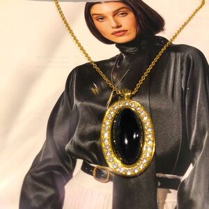 Signed Monet Black Lucite Cabochon Rhinestones Pendant Necklace